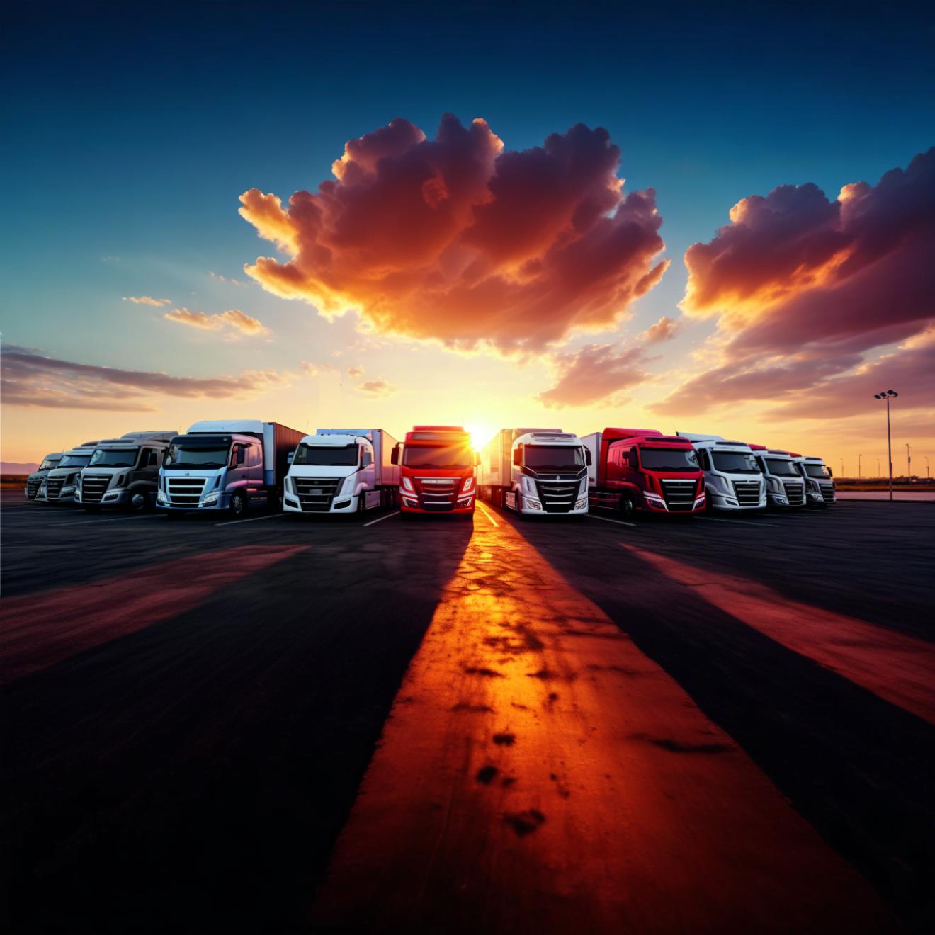 Caminhões alinhados ao pôr do sol, representando frota e logística